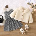 2pcs Baby Girl Houndstooth Tank Dress and Thermal Fuzzy Coat Set ColorBlock image 1