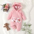 Baby Girl Allover Bear Print Lined Hooded Long-sleeve Frill Textured Jumpsuit Light Pink image 1