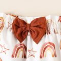 2pcs Baby Girl Letter Print Rib Knit Ruffle Long-sleeve Romper and Bow Front Allover Rainbow & Star Print Pants Set YellowBrown image 5