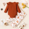 2pcs Baby Girl Letter Print Rib Knit Ruffle Long-sleeve Romper and Bow Front Allover Rainbow & Star Print Pants Set YellowBrown image 2