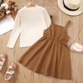 2pcs Kid Girl Mock Neck Long-sleeve Ribbed Tee and Textured Overall Dress Set Brown image 2