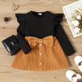 2pcs Toddler Girl Ruffled Ribbed Black Tee and Bowknot Button Design Skirt Set Brown image 1