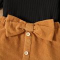 2pcs Toddler Girl Ruffled Ribbed Black Tee and Bowknot Button Design Skirt Set Brown image 4