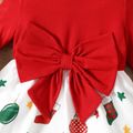 Toddler Girl Christmas Graphic Bowknot Design Splice Long-sleeve Dress REDWHITE