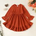 Toddler Girl Solid Color Ruffled PWaffle Long Bell sleeves Dress Brick red image 1