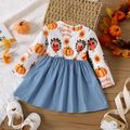 Thanksgiving Day Baby Girl 100% Cotton Imitation Denim Bow Front Spliced Allover Print Long-sleeve Dress ColorBlock