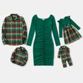 Family Matching Solid Rib Knit Ruched Bodycon Dresses and Long-sleeve Plaid Shirts Sets Green image 1