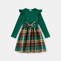 Family Matching Solid Rib Knit Ruched Bodycon Dresses and Long-sleeve Plaid Shirts Sets Green image 4