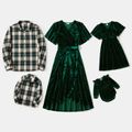 Family Matching Green Velvet Surplice Neck Ruffle-sleeve Dresses and Plaid Shirts Sets Green