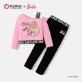 Barbie 2pcs Kid Girl Character Letter Print Strap Long-sleeve Tee and Black Cotton Leggings Set Pink image 1
