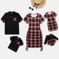 Family Matching Plaid Short-sleeve Ruched Drawstring Bodycon Dresses and Polo Shirts Sets Black image 1
