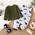 2pcs Baby Boy Allover Dinosaur Print Overalls and Solid Long-sleeve Tee Set blackishgreen image 2