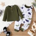 2pcs Baby Boy Allover Dinosaur Print Overalls and Solid Long-sleeve Tee Set blackishgreen