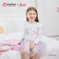 Barbie 2pcs Toddler Girl Letter Print Long-sleeve White Tee and Colorblock Mesh Skirt Set Multi-color image 1