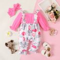 2pcs Baby Girl Elephant Print Ruffle Trim Spliced Solid Ribbed Square Neck Long-sleeve Jumpsuit with Headband Set ColorBlock image 2