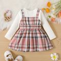 2pcs Baby Girl Solid Rib Knit Long-sleeve Spliced Plaid Belted Double Breasted Dress PinkyWhite image 2