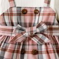 2pcs Baby Girl Solid Rib Knit Long-sleeve Spliced Plaid Belted Double Breasted Dress PinkyWhite image 4