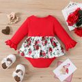 Baby Girl 95% Cotton Solid Flare-sleeve Spliced Floral Print Bow Front Romper REDWHITE image 2