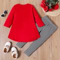 2pcs Toddler Girl Christmas Bowknot Print High Low Long-sleeve Tee and Houndstooth Leggings Set Red-2