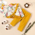 2pcs Baby Girl Allover Floral Print Spliced Ruffle Trim Long-sleeve Top and Solid Rib Knit Pants Set Bisque image 1