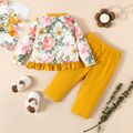 2pcs Baby Girl Allover Floral Print Spliced Ruffle Trim Long-sleeve Top and Solid Rib Knit Pants Set Bisque image 2