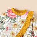 2pcs Baby Girl Allover Floral Print Spliced Ruffle Trim Long-sleeve Top and Solid Rib Knit Pants Set Bisque image 3