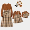Mommy and Me Long-sleeve Solid Rib Knit Spliced Plaid Dress ColorBlock image 1