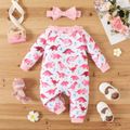 2pcs Baby Girl Allover Dinosaur Print Ruffle Trim Button Front Long-sleeve Jumpsuit with Headband Set Pink image 2