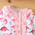 2pcs Baby Girl Allover Dinosaur Print Ruffle Trim Button Front Long-sleeve Jumpsuit with Headband Set Pink image 3