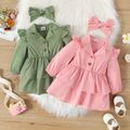 2pcs Baby Girl Button Front Solid Lapel Collar Ruffle Long-sleeve Layered Dress with Headband Set Pink image 2