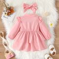 2pcs Baby Girl Button Front Solid Lapel Collar Ruffle Long-sleeve Layered Dress with Headband Set Pink