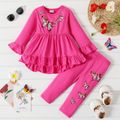 2pcs Baby Girl Butterfly Print Hot Pink Long-sleeve Ruffle Hem Top and Leggings Set Roseo image 1