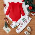 Christmas 2pcs Baby Girl 95% Cotton Ruffle Long-sleeve Letter Graphic Romper and Bow Front Allover Print Pants Set Red-2 image 2