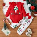 Christmas 2pcs Baby Girl 95% Cotton Ruffle Long-sleeve Letter Graphic Romper and Bow Front Allover Print Pants Set Red-2 image 1