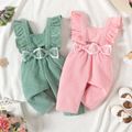 Baby Girl Bow Front Solid Corduroy Ruffle Trim Overalls Pink
