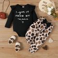 2pcs Baby Girl Letter Embroidered Rib Knit Ruffle Long-sleeve Romper and Bow Front Leopard Print Pants Set Black image 1