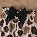 2pcs Baby Girl Letter Embroidered Rib Knit Ruffle Long-sleeve Romper and Bow Front Leopard Print Pants Set Black