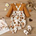 2pcs Baby Girl Solid Rib Knit Ruffle Long-sleeve Top and Bow Front Allover Floral Print Suspender Pants Set YellowBrown image 3