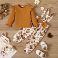 2pcs Baby Girl Solid Rib Knit Ruffle Long-sleeve Top and Bow Front Allover Floral Print Suspender Pants Set YellowBrown