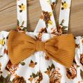 2pcs Baby Girl Solid Rib Knit Ruffle Long-sleeve Top and Bow Front Allover Floral Print Suspender Pants Set YellowBrown image 5