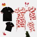 Christmas Family Matching 95% Cotton Short-sleeve Polo Shirts and Allover Santa Claus Print Drawstring Ruched Bodycon Dresses Sets redblack image 1
