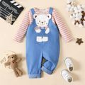 2pcs Baby Boy Long-sleeve Striped Tee and Bear Graphic Overalls Set Light Blue image 1