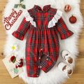 Christmas Baby Girl Ruffle Trim Spliced Red Plaid Mock Neck Long-sleeve Jumpsuit Red-2 image 1