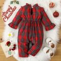Christmas Baby Girl Ruffle Trim Spliced Red Plaid Mock Neck Long-sleeve Jumpsuit Red-2 image 2