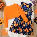 2pcs Kid Girl Halloween Graphic Sleeveless Dress and Button Design Cardigan Set Orange