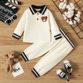 2pcs Baby Boy Bear Embroidered Contrast Collar Long-sleeve Ribbed Top and Pants Set BROWN image 1