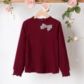 Kid Girl 3D Bowknot Design Cable Knit Textured Mock Neck Long-sleeve Tee Burgundy image 1