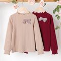 Kid Girl 3D Bowknot Design Cable Knit Textured Mock Neck Long-sleeve Tee Burgundy image 2