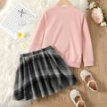 2pcs Kid Girl 3D Bear Design Pink Sweatshirt and Plaid Skirt Set Pink image 4
