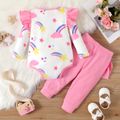2pcs Baby Girl Allover Stars Print Long-sleeve Romper and Solid Rib Knit Layered Ruffle Trim Pants Set Roseo image 2